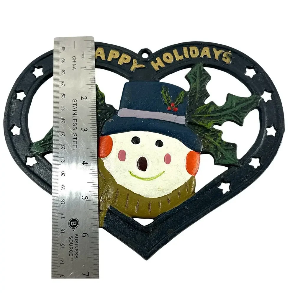 Vintage Cast Iron Happy Holidays Snowman Heart Christmas Trivet 8”